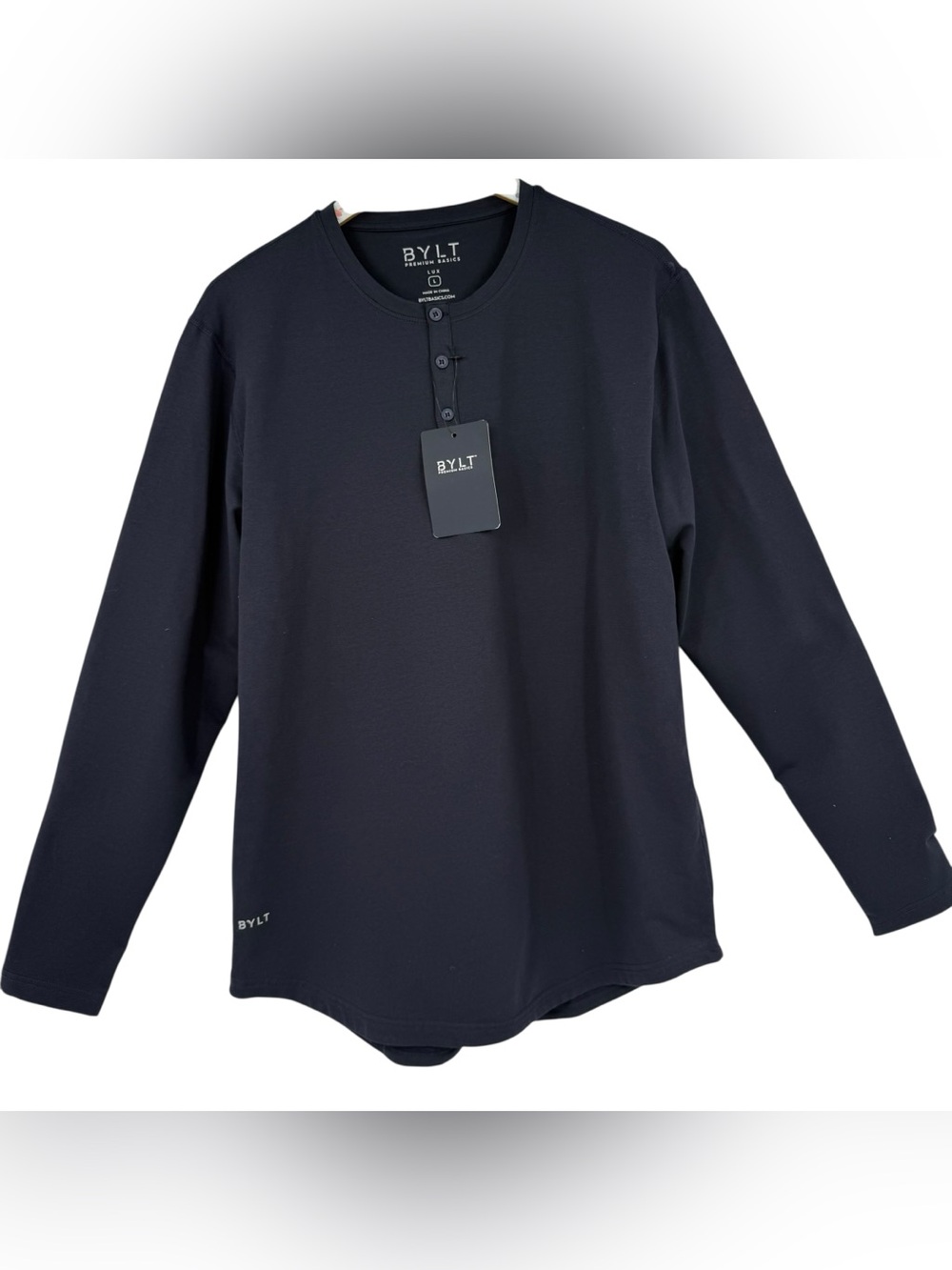 NWT BYLT Drop Cut L/S Henley Lux Men's Size Large Navy Performance Shirt